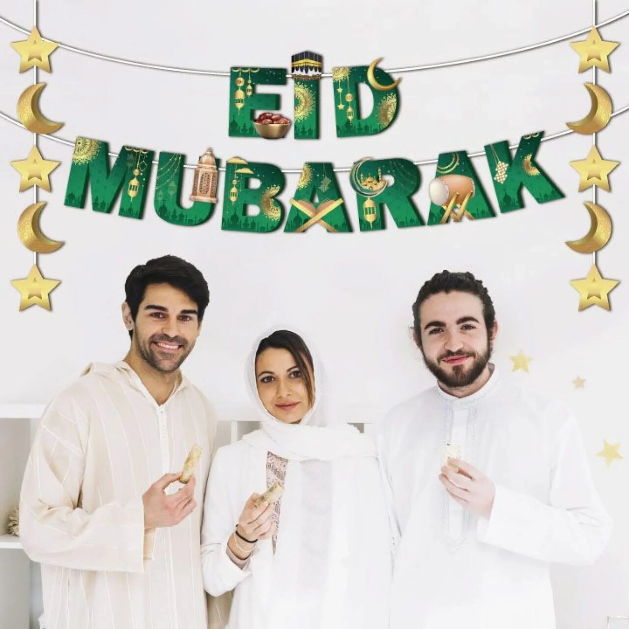 4 Pcs Eid Mubarak Banner Ramadan Decoration Muslim Party Supplies Kareem Hanging Banner for Home Eid Al Fitr Wall Decor with Moon Star Lantern Sign Bunting Backdrop Banner for Fireplace